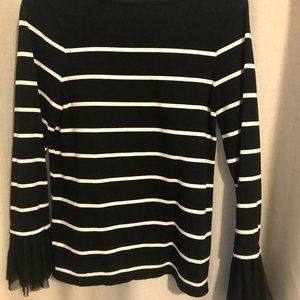 Black Striped Top with Tulle Sleeve Ruffle